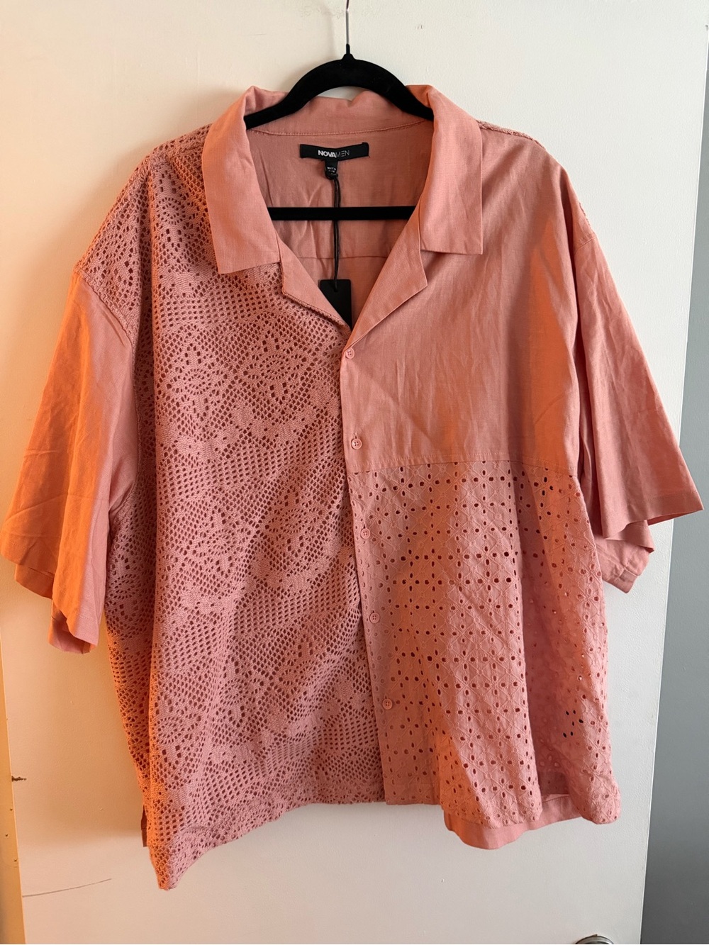 Unisex Linen Pink Eyelet Short Sleeve Button-Down Shirt